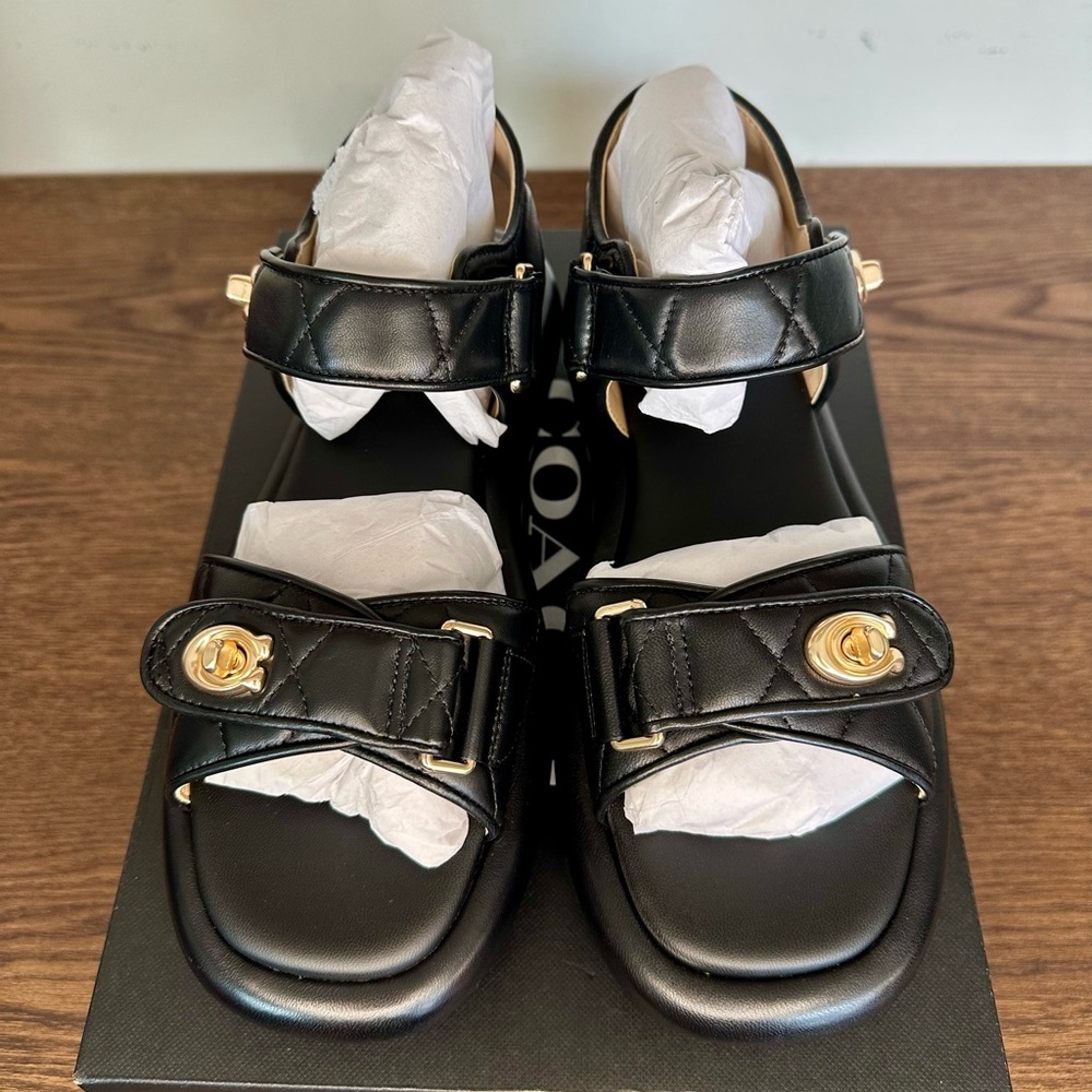 New Coach Peyton Leather Sandal Black Size 7 - Picture 2 of 12